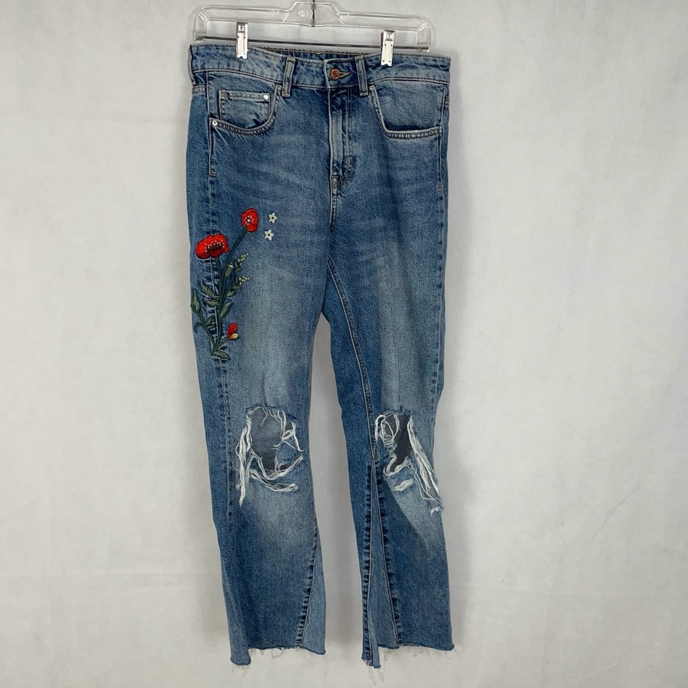 H&M Floral Embroidered High Waist Kick Flare Blue Denim Jeans Size 29
